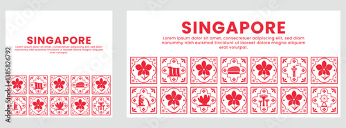 Singapore Cultural Icons in Red Peranakan Tile Style Vector Design for Travel and Souvenir Concepts

