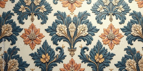 Elegant Teal and Cream Floral Damask Wallcovering Design Featuring Intricate Leaf and Flower Motifs, Ideal for Interior Decoration Projects