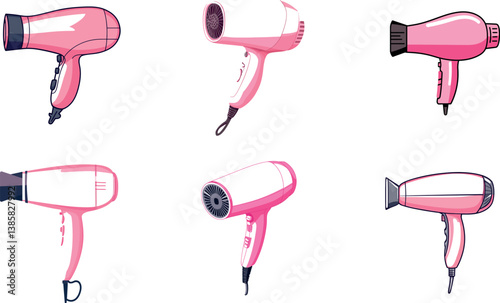 Various Styles of Pink Hair Dryers Illustrated in Vector Art Format