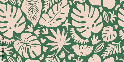 Hand drawn tropical background. Tropic leaves seamless pattern, foliage summer element, green style, natural print for textile, fabric, wallpaper, wall art, backdrop. Vector illustrations.