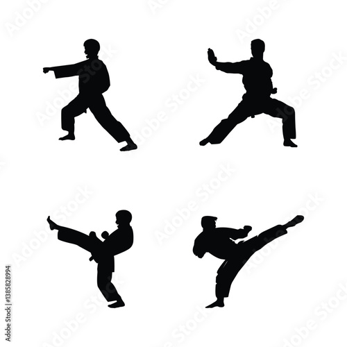 Black Silhouette of Karate Fighter in Action Kicks, Punches & Kata Stance