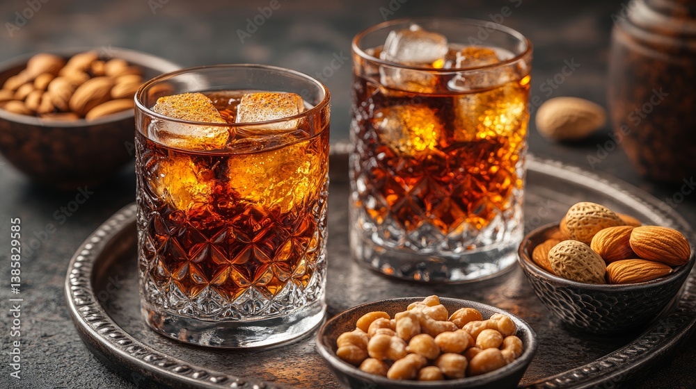 Peanuts, almonds, and walnuts are presented in bowls on a silver tray beside two sophisticated, spice-seasoned cognac cocktails. It has a rough, black background. Peanuts, almonds, and walnuts are presented in bowls on a silver tray beside two sophisticated, spice-seasoned cognac cocktails. It has a rough, black background.