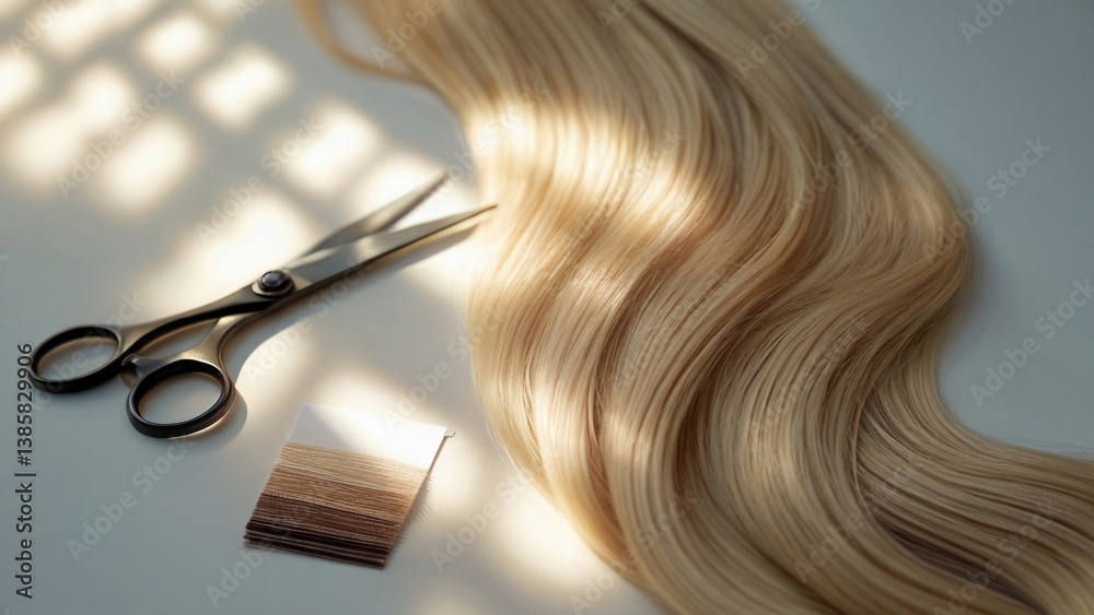 Fototapeta premium Scissors and hair strands ready for styling at a salon during afternoon sunlight