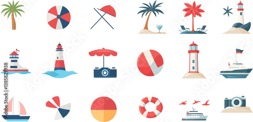 Colorful Beach Icons With Lighthouses, Palm Trees, and Gear for Design Projects