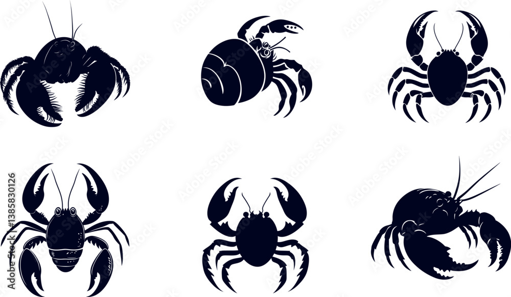 Collection of Isolated Vector Crab and Lobster Illustrations in Black on White Background Collection of Isolated Vector Crab and Lobster Illustrations in Black on White Background
