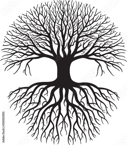 Symmetrical Black and White Tree Silhouette with Roots