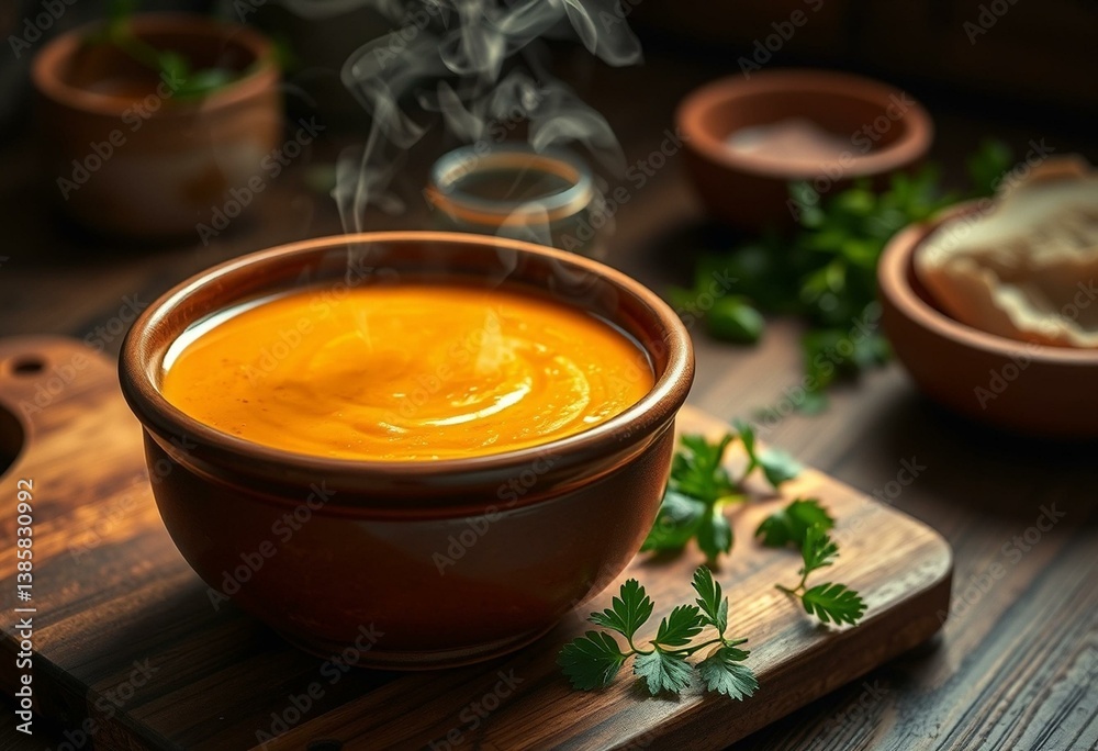 Photorealistic image of Italian Laksa Soup in a rustic earthenware bowl Photorealistic image of Italian Laksa Soup in a rustic earthenware bowl