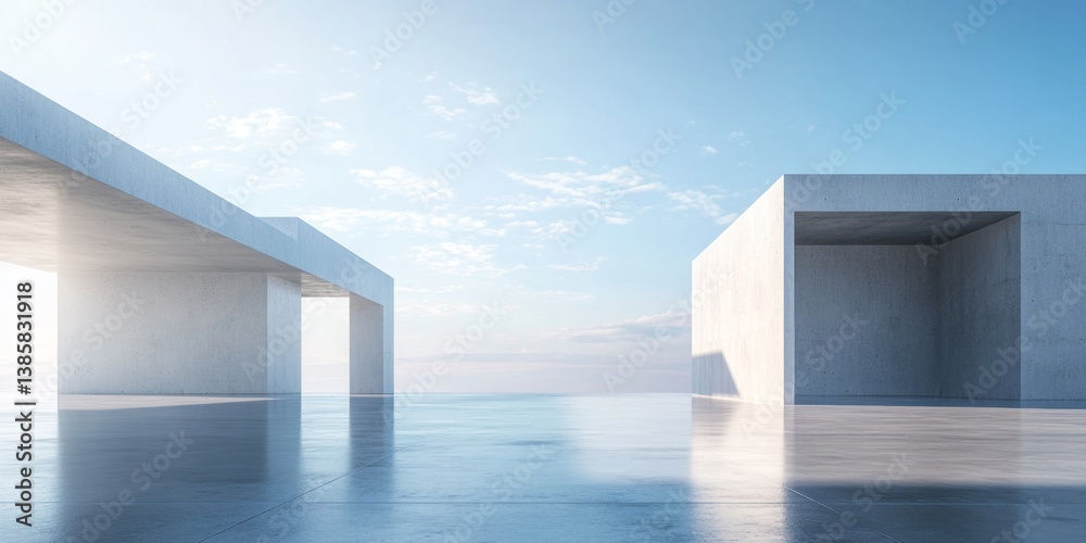 Modern Concrete Architecture Over Water, Empty Space Modern Concrete Architecture Over Water, Empty Space