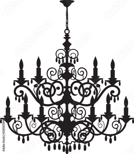 Elegant Black and White Ornate Chandelier Silhouette