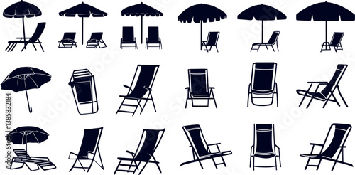 Various Beach Chairs and Umbrellas in a Flat Vector Style Suitable for Summer Designs