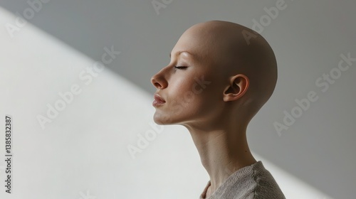 A bald woman in a minimalist white studio, soft light, side view.