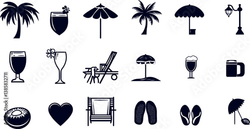 Vector Art Collection of Tropical Beach Icons Featuring Palm Trees, Drinks, and Loungers
