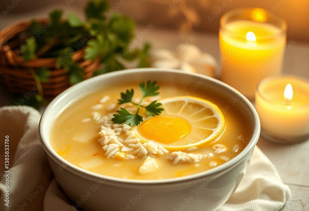 Cozy bowl of Avgolemono Soup with soft light and warm colors Cozy bowl of Avgolemono Soup with soft light and warm colors