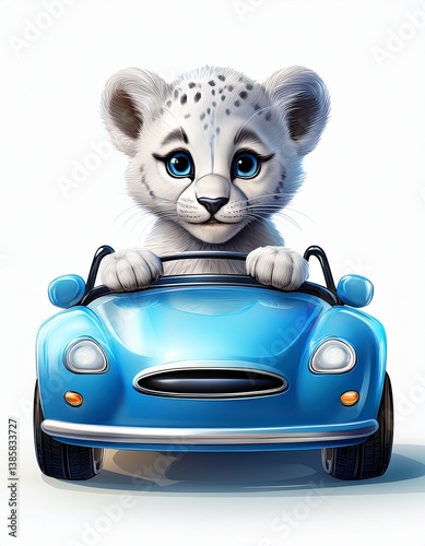 Niedlicher kleiner Puma in einem blauen Auto