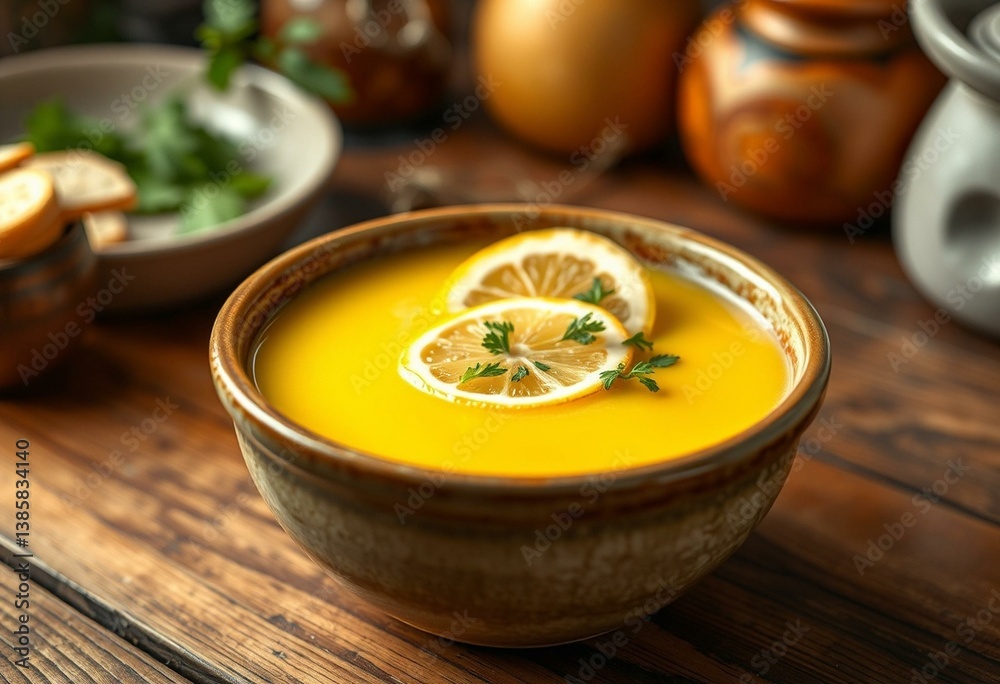 Steaming hot Avgolemono Soup in a rustic ceramic bowl Steaming hot Avgolemono Soup in a rustic ceramic bowl