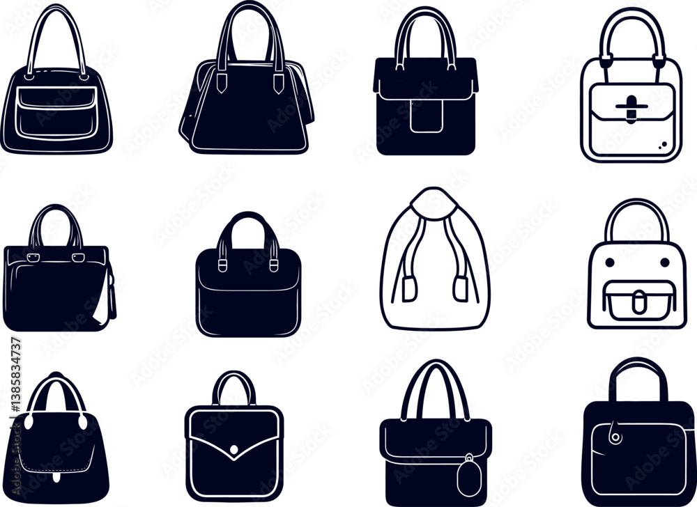 Stylish Collection of Vector Handbag Illustrations for Use in Design Projects Stylish Collection of Vector Handbag Illustrations for Use in Design Projects