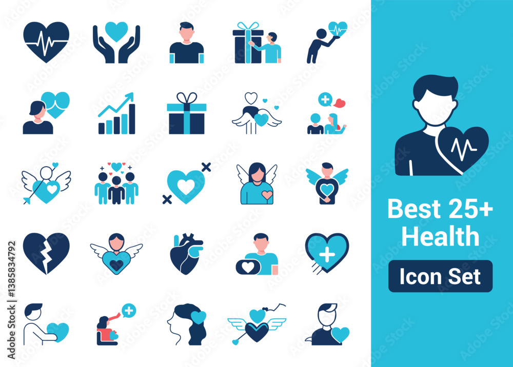 Fototapeta premium 25+ Health, Wellness, Love, and Relationship Icons Featuring Hearts, Hands, Wings, and Crosses in Blue, White, and Pink Colors for Digital Designs and Creative Projects
