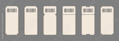 Vector set of blank tickets with barcode png. Cinema or theater ticket on isolated transparent background. Blank lottery ticket png.