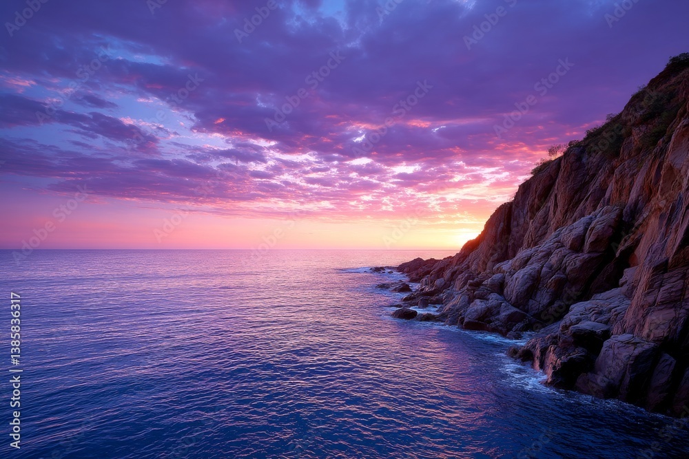 Obraz premium Coastal Cliff Sunset Dance - Serene coastal cliff at twilight, symbolizing peace, tranquility, the power of nature, the beauty of sunset, and the mystery of the ocean