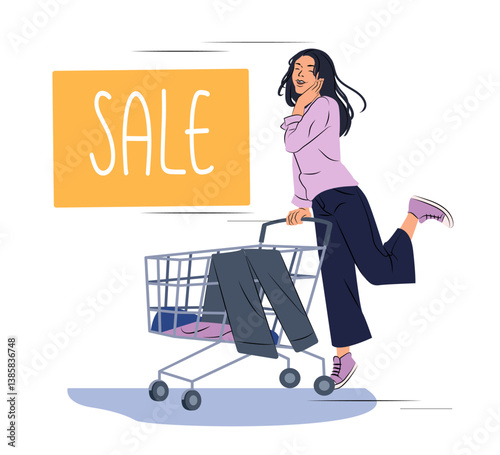 Happy woman riding a shopping cart with clothes in it, large sale sign in background, flat cartoon style on white background. Concept of shopping excitement. Vector illustration