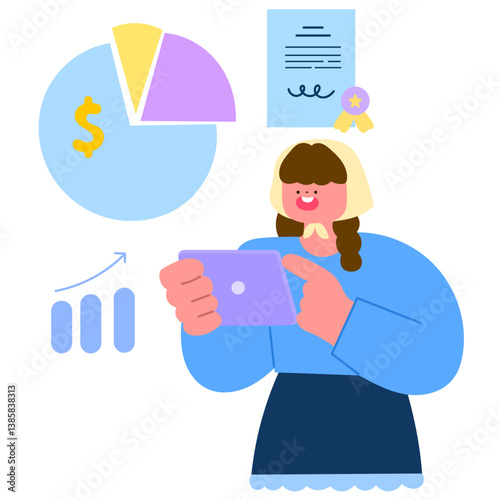 Woman holding tablet, collecting financial data and analytics flat vector illustration