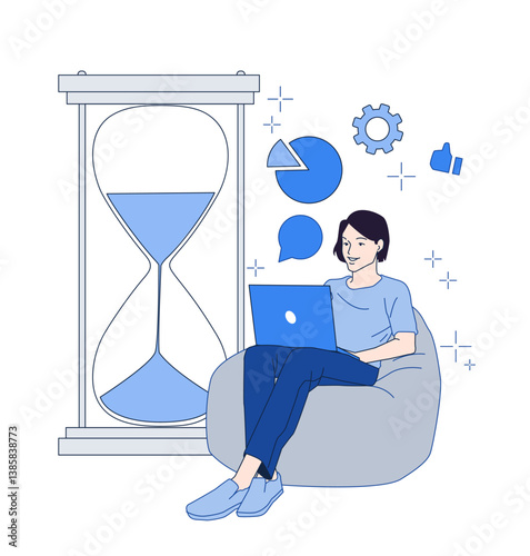 Woman sitting on bean bag with laptop near large hourglass, surrounded by icons like charts and gears, on white background. Concept of time management. Vector illustration