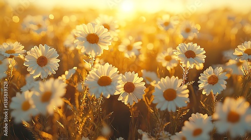 Garden full of wildflowers, gently swaying in the breeze, bathed in the golden 