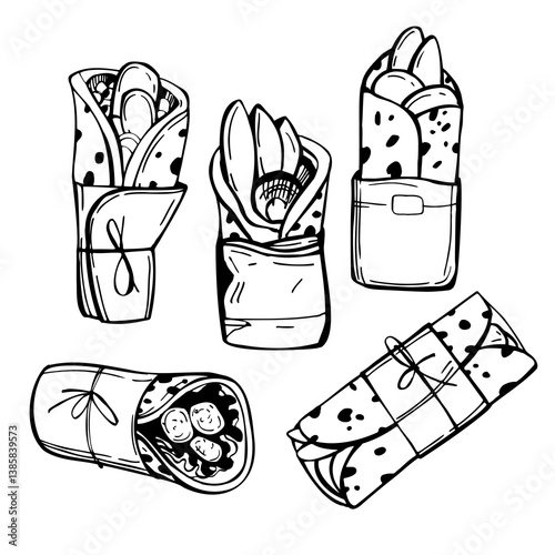Shawarma, sandwich, gyro, fresh roll of lavash, doner kebab. Tortilla wrap with vegetables.  Vector sketch illustration.