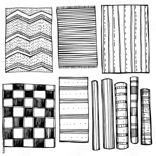 Hand-drawn carpets on white background.  Vector sketch  illustration.  