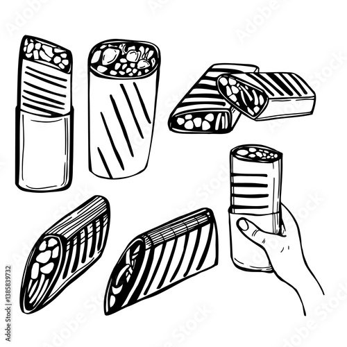  Shawarma, sandwich, gyro, fresh roll of lavash, doner kebab.  Wrap Sandwiches, tortilla roll.  Vector sketch illustration.