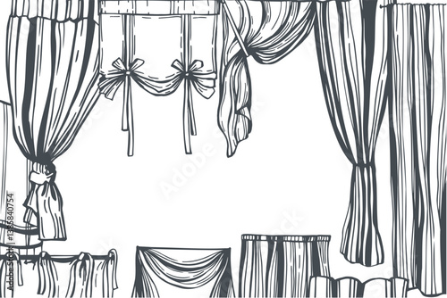Hand-drawn curtains for windows.  Vector background. Sketch  illustration.  