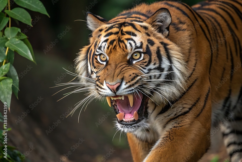 Fototapeta premium Close-up of a roaring Sumatran tiger with bared fangs and intense eyes