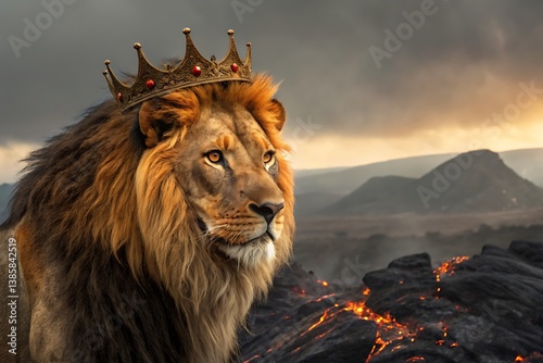 Majestic Lion King Wearing a Golden Crown Against a Volcanic Landscape at Sunset photo