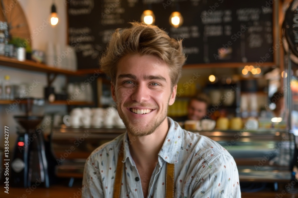 Obraz premium Portrait of a smiling young Caucasian man in a coffee shop