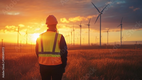 Person in safety vest looks at wind turbines at sunset in field.