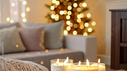 Cozy Christmas Eve: A warm, inviting Christmas scene with a softly lit Christmas tree. A comfortable sofa adorned with cushions, and lit candles create a relaxed, festive atmosphere.
