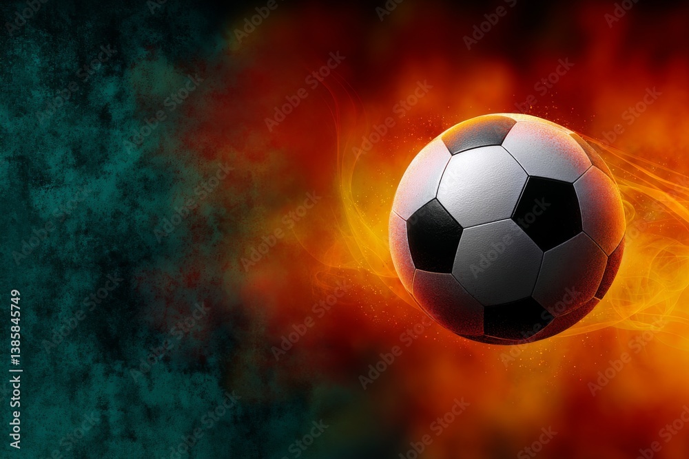 Fototapeta premium Fiery Soccer Ball Wallpaper - A dynamic symbolizing passion, competition, energy, victory, and speed in the world of soccer. The fiery background adds intensity