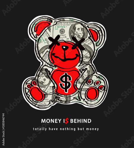 bear doll graphic line art on dollar cash background vector illustration created by hand drawn
