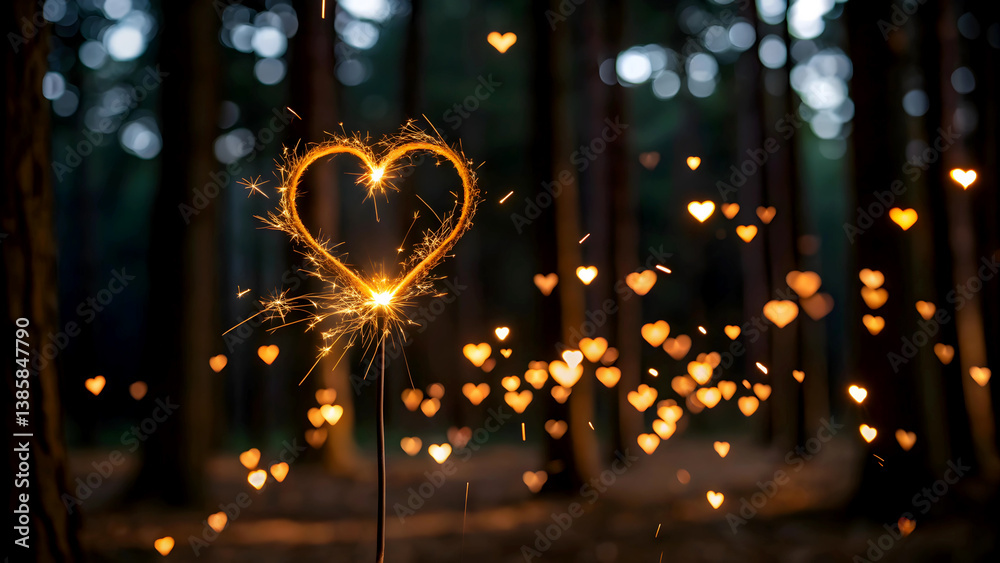 Obraz premium A fiery heart sparkler glows in a dark enchanted forest, casting a magical spell of love amidst a flurry of golden heart-shaped lights.