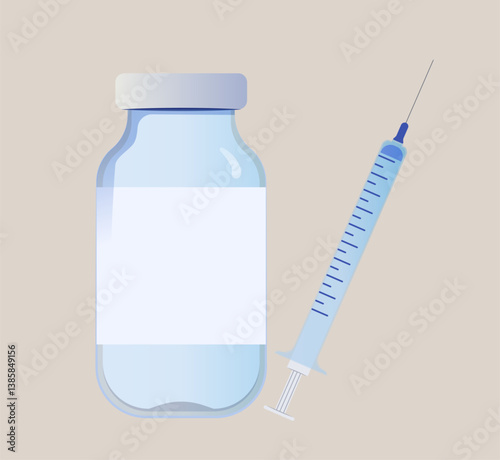 Medical syringe and transparent vial with blank label shown in flat graphic style on a beige background. Concept of vaccination and healthcare. Vector illustration