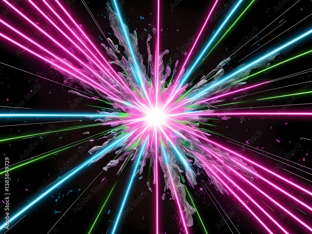 Naklejka premium Neon Light Streaks Radiating from Central Explosion on Black Background