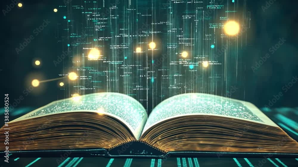 Open book with glowing pages and floating text, representing knowledge, technology, and digital transformation in education and learning environments