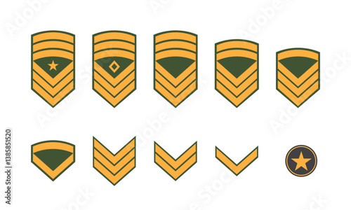 Set of military rank insignia icons in green and gold colors, flat graphic style, on white background. Concept of army hierarchy and rank symbols. Vector illustration