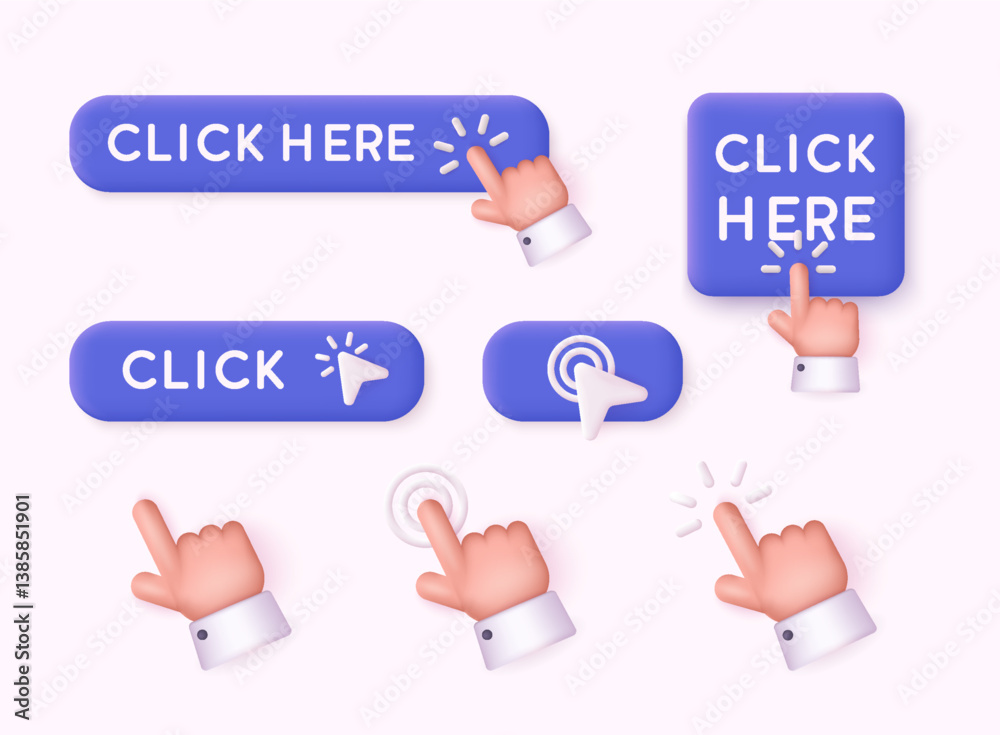 Click here web buttons. Set of action button, hand cursor and arrow pointing click link buttons. 3D web vector illustration.