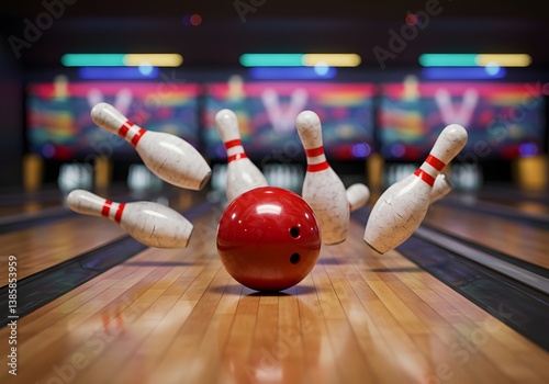 Red Bowling Ball Striking Pins Action
