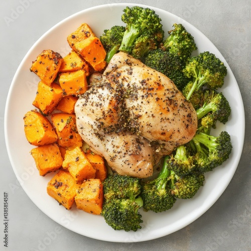 A plate of roasted chicken with sweet potatoes and steamed broccoli. Featuring a healthy, comforting meal