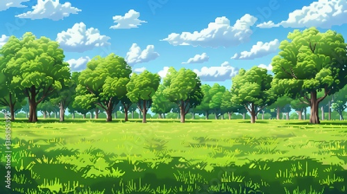 Prairie pixel art verdoyante, rangée d'arbres feuillus, ciel bleu nuageux, paysage ensoleillé, design rétro pour jeu vidéo ou illustration nature