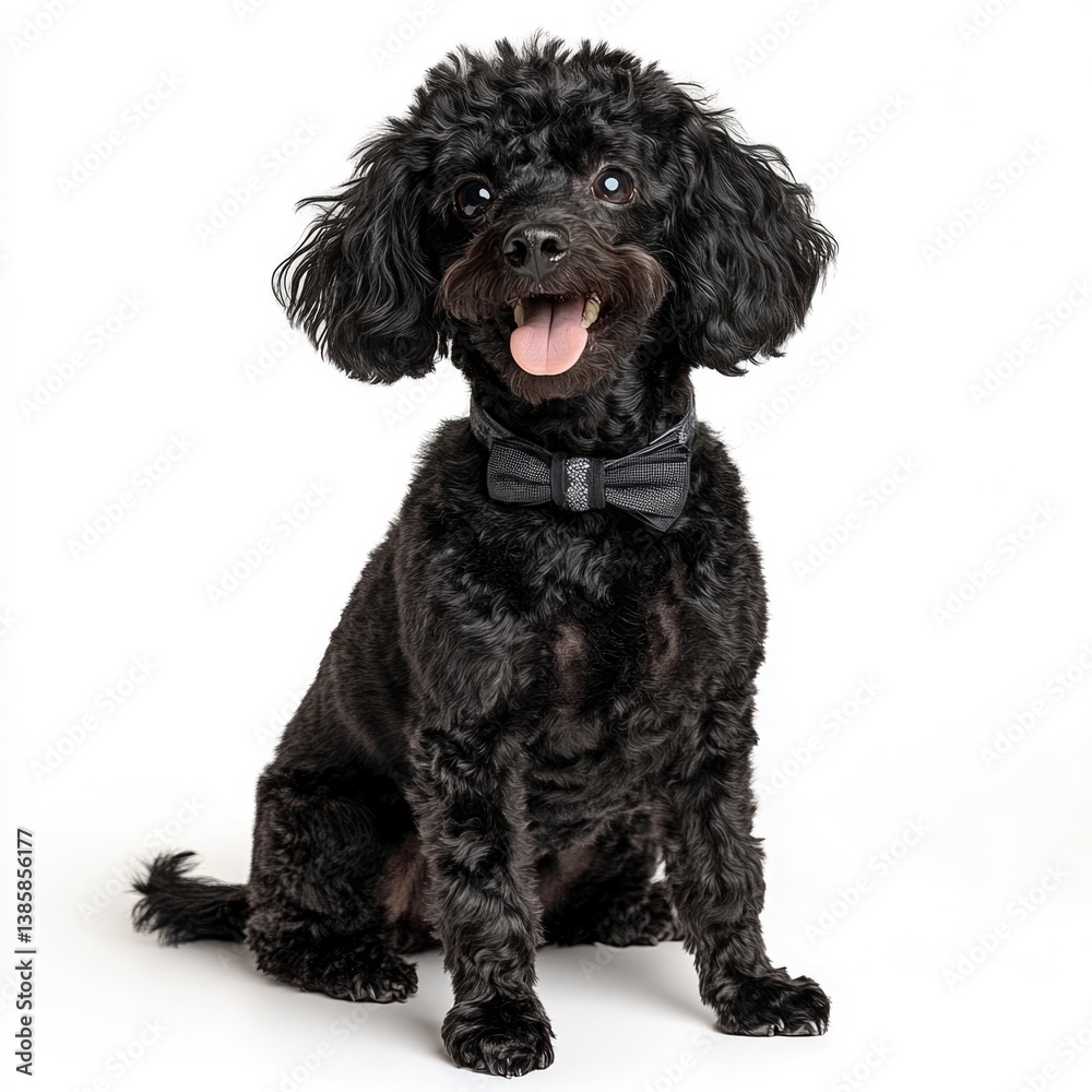 Playful black dog in bow tie indoor studio pet photography bright setting close-up joyful expression Playful black dog in bow tie indoor studio pet photography bright setting close-up joyful expression