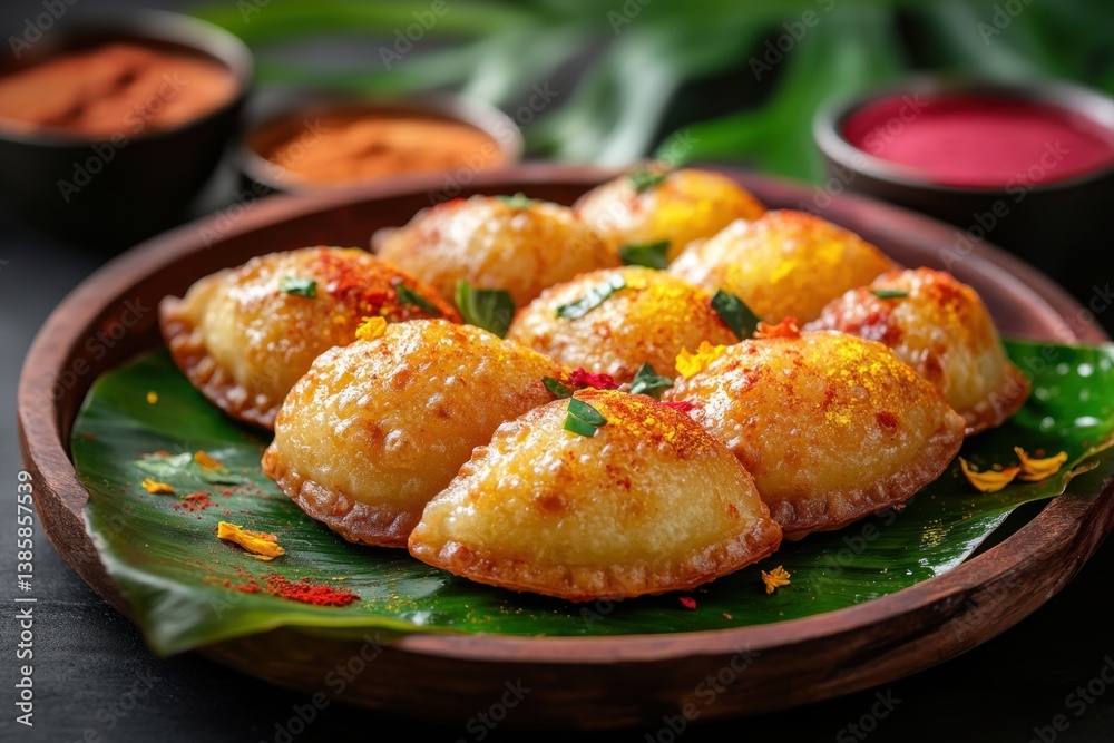 Golden Gujiya Dumplings on Banana Leaf in Wooden Plate Close Up Indian Festive Sweet Food Photography Golden Gujiya Dumplings on Banana Leaf in Wooden Plate Close Up Indian Festive Sweet Food Photography