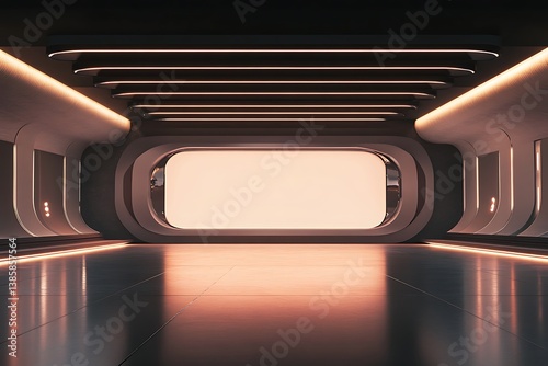 A 3D depiction of an unoccupied event stage with sleek elements.